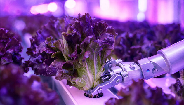 A robotic arm harvests lettuce in a modern indoor hydroponic farm with purple lighting