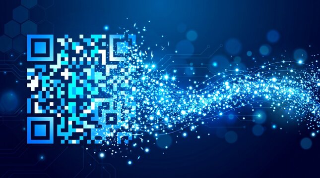 A futuristic blue QR code explosion occurs rapidly in a dark technological environment.
