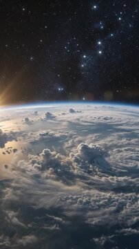 Earth seen from space with stars twinkling and no sun visible in the frame
