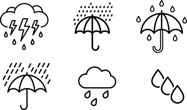 Weather icons with umbrellas and rain clouds