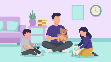 Father and children playing with toys on the floor in a living room