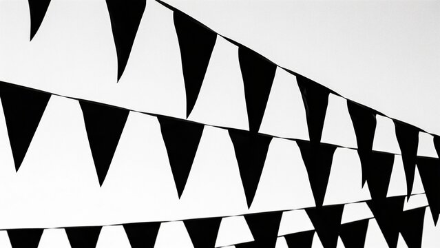 simple, black and white line drawing of a string of triangular pennant flags. The flags are evenly spaced and hang from a curved line, suggesting they are suspended in the air. Each flag is identical 