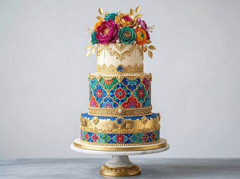 Three tier wedding cake with colorful floral decoration