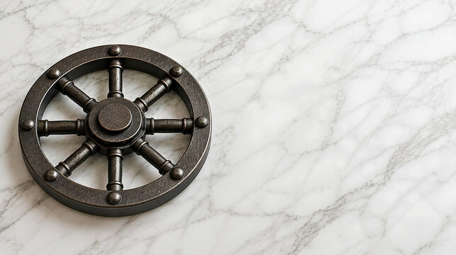 Heavy dark cast iron bank vault steering wheel resting on a white marble table