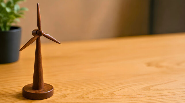 Minimalist miniature wind turbine carved from solid dark walnut wood