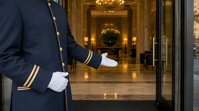 Professional hotel doorman welcoming guests to a luxury lobby