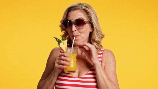 Cheerful woman in swimsuit enjoys a drink in front of a bright background