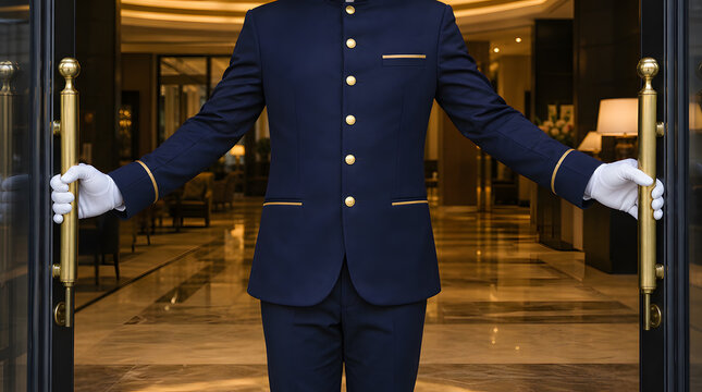 Doorman in blue uniform opening luxury hotel entrance doors