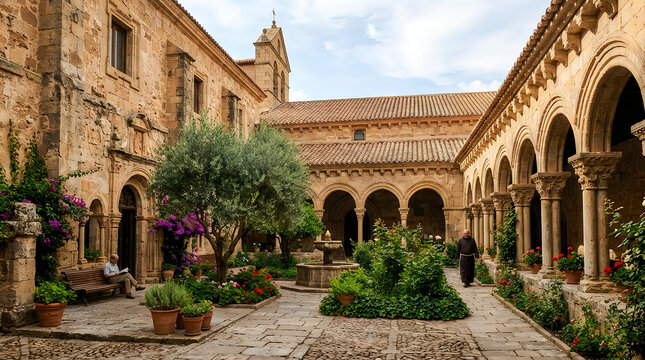 Ancient stone monastery cloister with romanesque arches, historic courtyard garden with olive trees, medieval abbey architecture with stone columns nice jpg