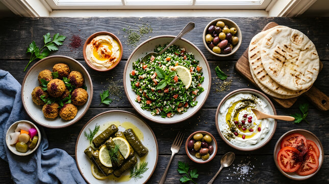 Overhead View of Mediterranean Mezze Platter with Crispy Falafel Tabbouleh Salad Hummus and Stuffed Grape Leaves