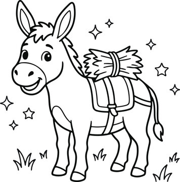 Donkey with packsaddle black and white line drawing illustration ass mule equine pack animal burro art vector graphic cartoon mammal saddlebags load burden transport rural