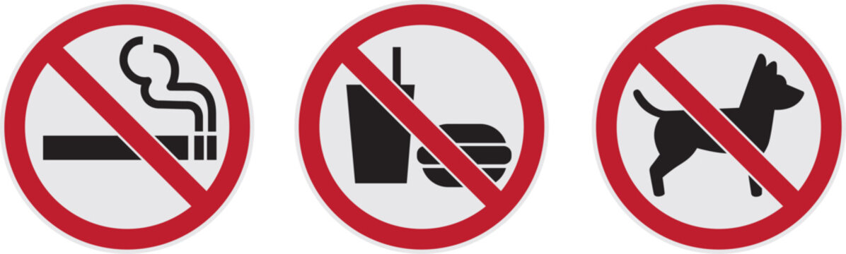 Three Prohibition Signs No Smoking No Dogs No Food. Prohibition Signs or Wall Plaque