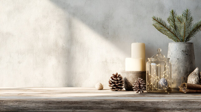 Minimal home decor still life with glass jars, candles, pine cones and eucalyptus on a wooden table. Cozy neutral interior, hygge decor, winter home styling.