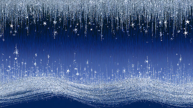 Glittering silver stars and sparkles falling on a dark blue background with a wave of light at the bottom edge