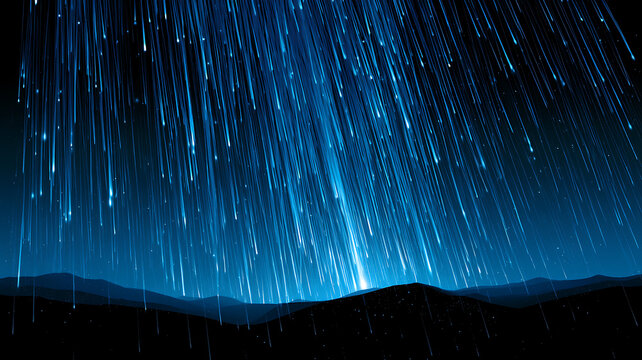 A breathtaking night sky with shooting stars streaking across the dark blue sky above a silhouette of mountains