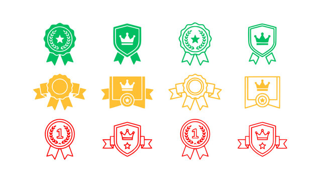Vector collection of medals, ribbons, shields, and quality certification symbols.