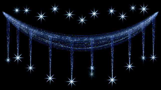 Glowing blue sparkly curtain with stars on black background for decoration
