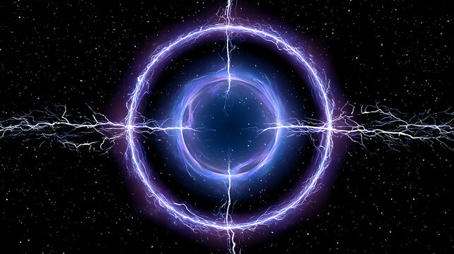 Electric blue ring with lightning bolts in a starry night sky background
