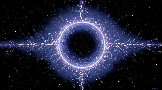 Electricity swirling around a glowing blue portal in a starry night sky with lightning bolts