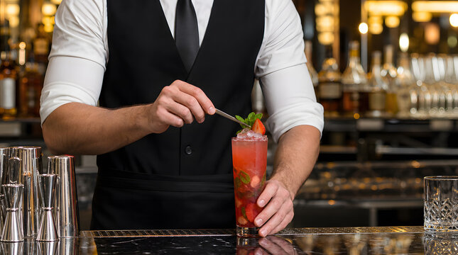 Professional bartender garnishing a strawberry cocktail at a luxury bar