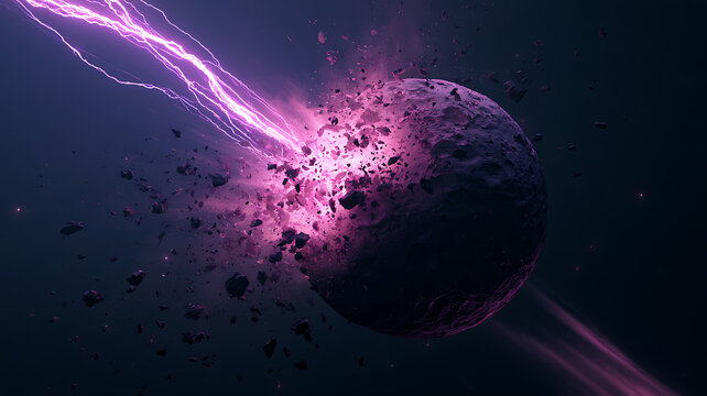 A large purple asteroid exploding in space with lightning and debris flying everywhere around it in all directions