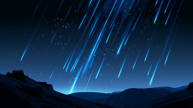 A breathtaking night sky filled with shooting stars and stardust over a mountain range at dusk with a dark blue hue
