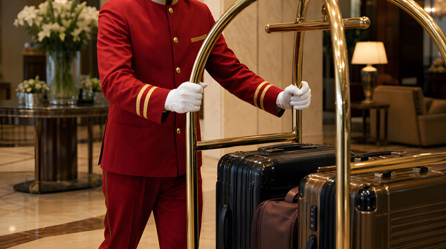 Hotel bellhop in red uniform pushing a luggage cart in a luxury lobby