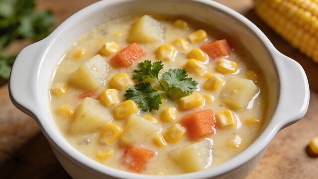 Creamy homemade corn chowder served in a ceramic bowl, overhead food photography with copy space.