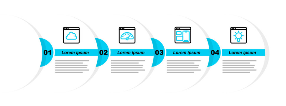 Set line Browser window, Web developer programming code, Digital speed meter and Cloud technology data transfer icon. Vector