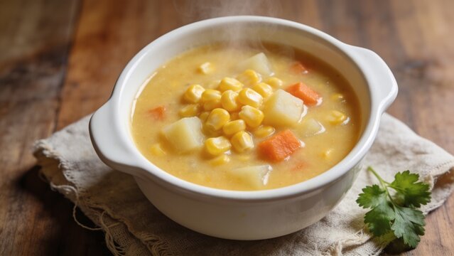 Flat lay of rich corn chowder garnished with herbs in a rustic bowl, close-up.