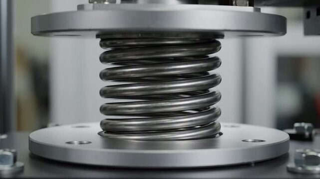 Close-Up View of a Metallic Compression Spring Mounted on a Testing Device Illustrating Mechanical Engineering and Material Testing Processes