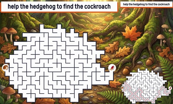 Maze. Maze for kids: Help a hedgehog to find a cockroach in the forest  Maze for kids: Help a hedgehog to find a cockroach in the forest  