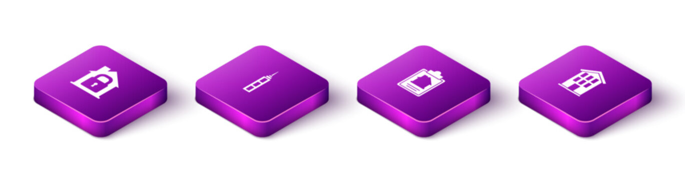 Set Isometric House under protection, Skyscraper, contract and icon. Vector