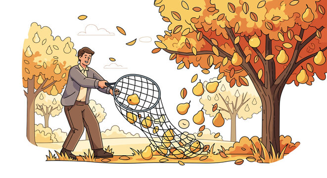 Illustration of a man catching falling pears with a net under a tree in autumn.