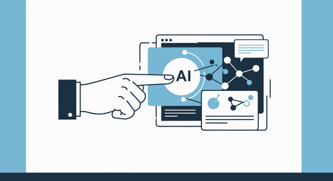 Hand pointing at artificial intelligence AI icon on digital screen vector illustration.