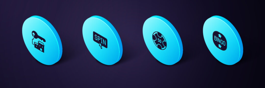 Set Isometric Bingo, Casino chips, Slot machine spin button and Winning house with key icon. Vector