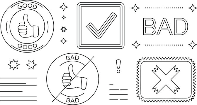 Thumbs up good bad feedback stamp checkmark and cross mark line art vector illustration icon set review