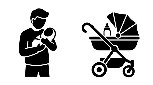 Father holding baby and stroller with bottle and umbrella  parenting and childcare