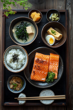 Traditional Japanese breakfast with miso soup and salmon overhead