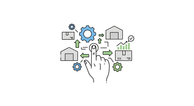Logistics supply chain management concept illustration with hand touching control button and warehouse icons.