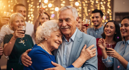 Fototapeta premium Elderly Couple Embracing Joyfully at a Multigenerational Party with Warm Festive Lights for Family Blogs, Anniversary Cards, and Retirement Planning Websites