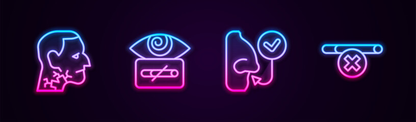Naklejka premium Set line Throat cancer, Hypnosis, Healthy breathing and No smoking. Glowing neon icon. Vector