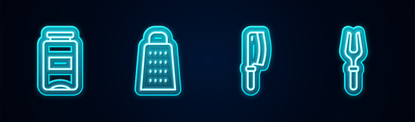 Set line Jam jar, Grater, Meat chopper and Barbecue fork. Glowing neon icon. Vector © vector_v