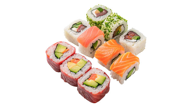 Set of delicious fresh sushi rolls on white plate isolated on transparent background cut out