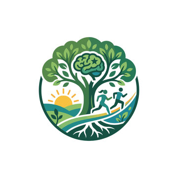 A circular icon showing a tree with a brain and runners