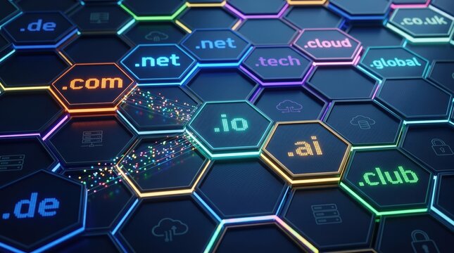 Futuristic digital hexagonal grid displaying popular internet domain extensions like .com, .net, and .ai, representing cybersecurity, web hosting, blockchain technology, and glo...