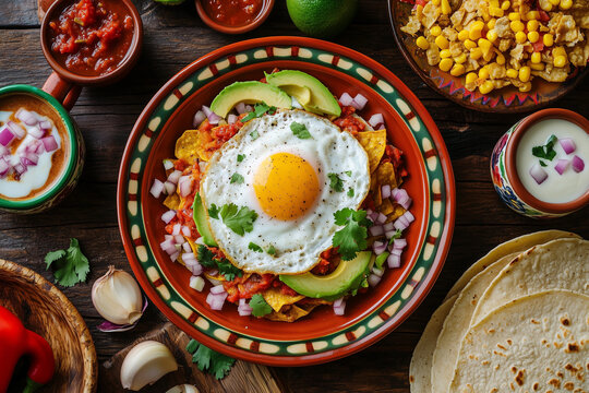 Mexican chilaquiles with eggs and avocado overhead