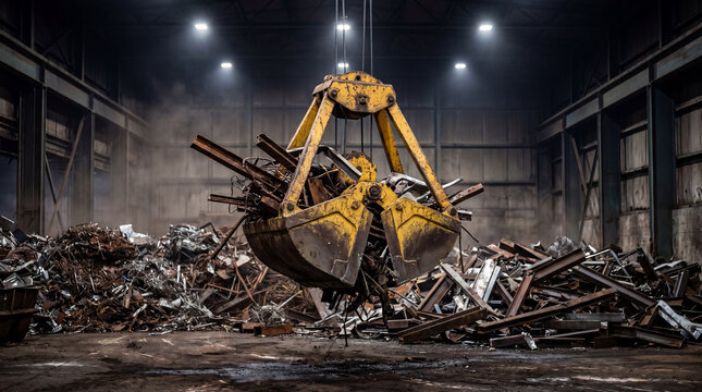 Yellow crane grab claw lifting a pile of scrap metal and debris inside a dark industrial scrapyard facility