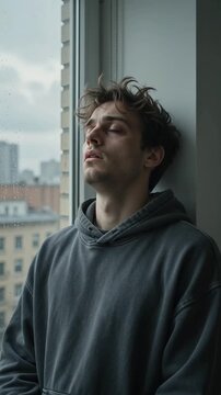 Young man looks out window while deep in thought about life in urban apartment on a rainy day