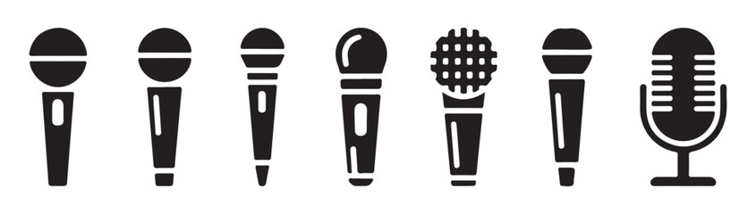 Diverse handheld and studio microphone silhouettes showcasing various head grill styles for professional audio use. © Amir